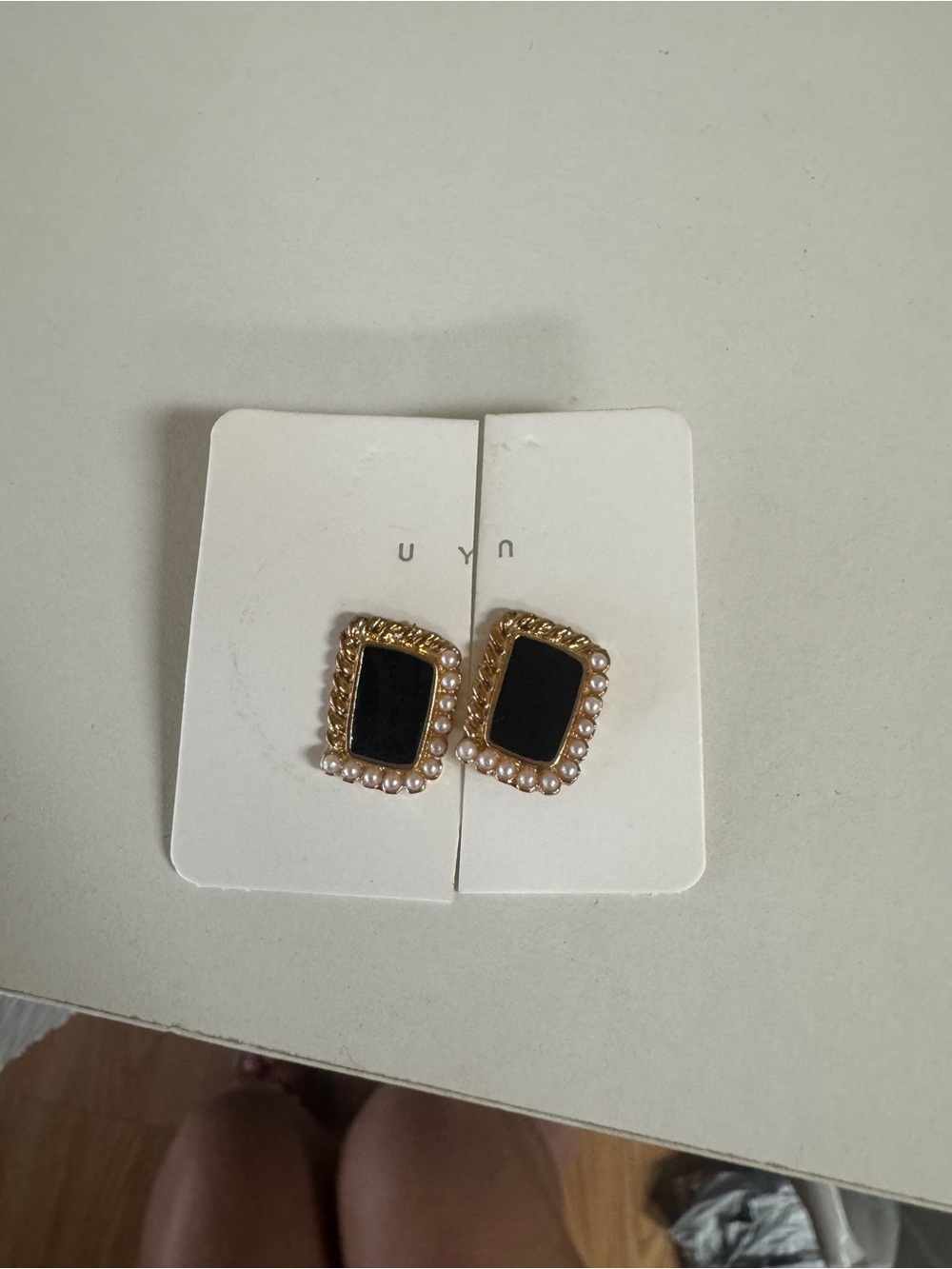 Gold-Tone Black Stone Pearl Frame Stud Earrings